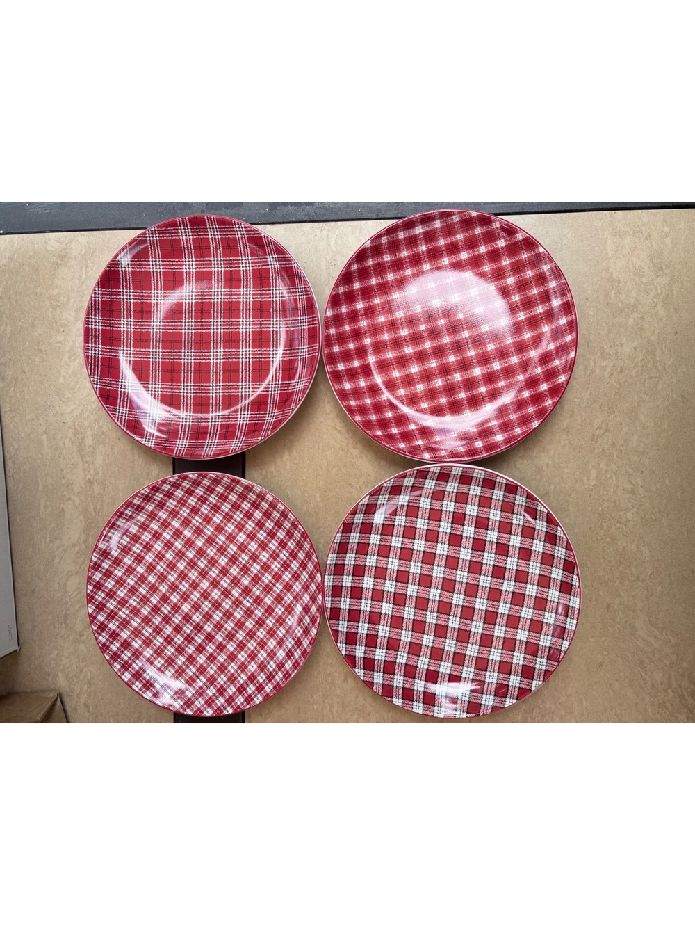 Pier 1 Red Gingham Salad Plates Set of 4 New in Original Box 8.5” Stoneware